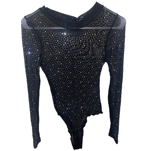 Black Rhinestone Sheer Bodysuit Women's Small Rave Festival - Picture 3 of 9